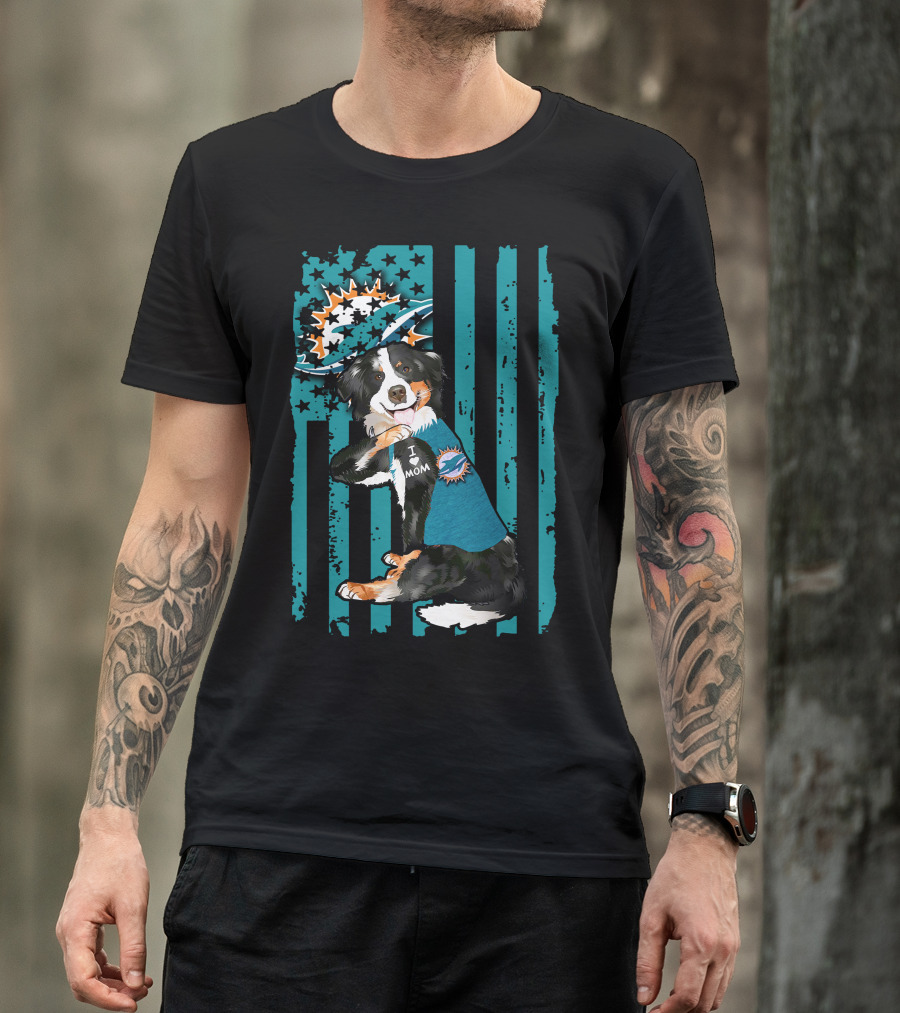 Border Collie I Love Mom Miami Dolphins Flag T-Shirt