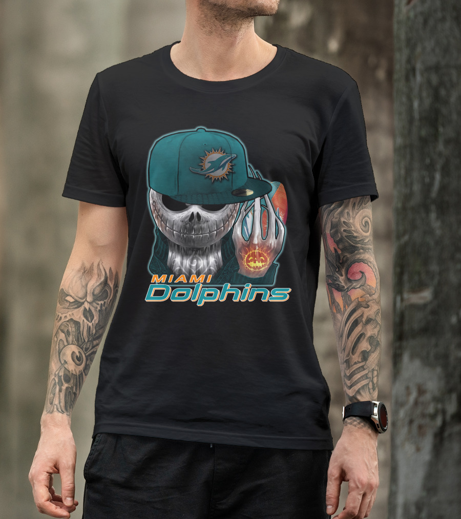 Miami Dolphins Skull With Jack-O'-Lantern Glove T-Shirt