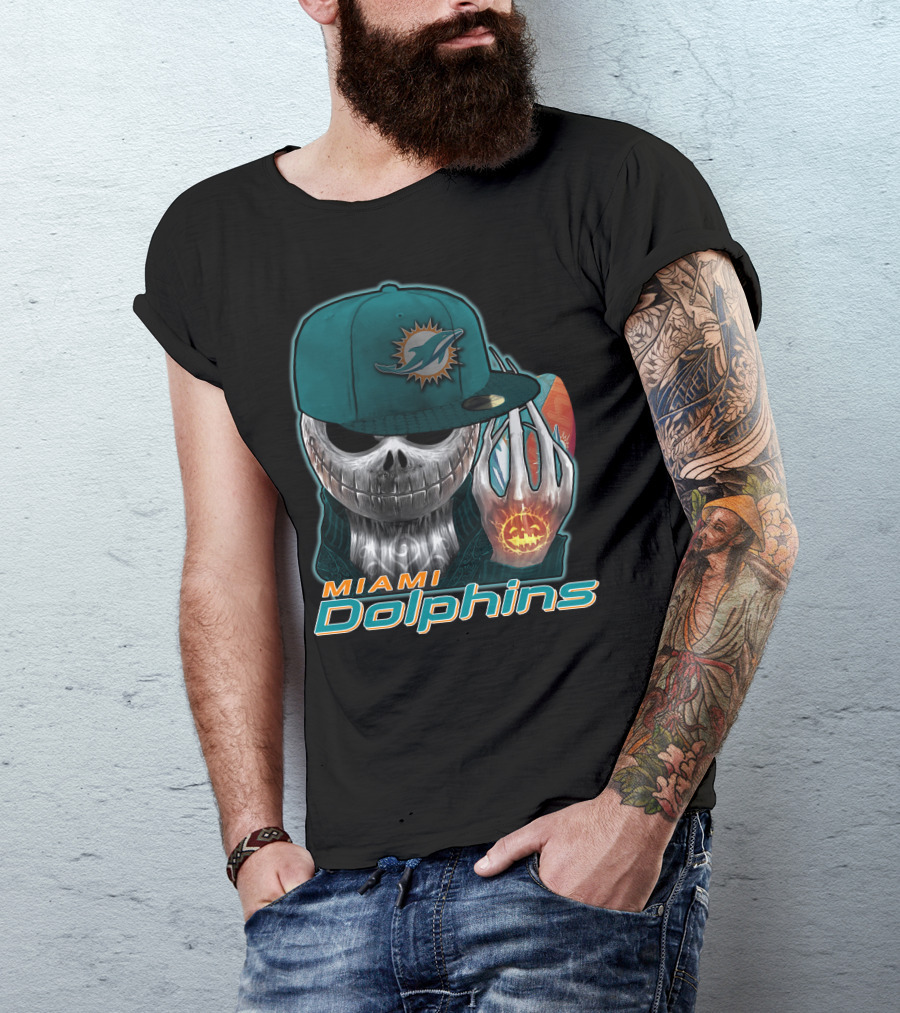 Miami Dolphins Skull With Jack-O'-Lantern Glove T-Shirt
