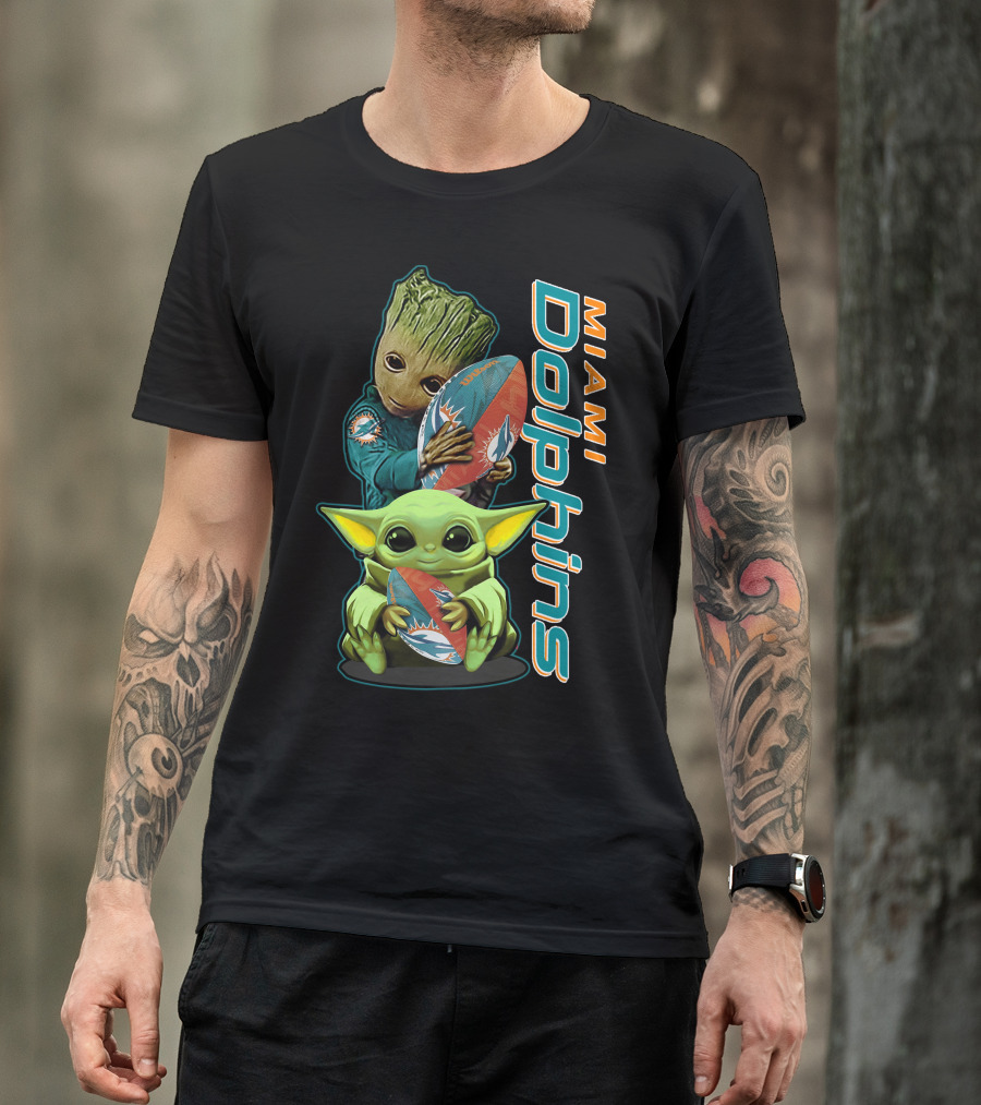 Groot And Baby Yoda Miami Dolphins Football Fan T-Shirt