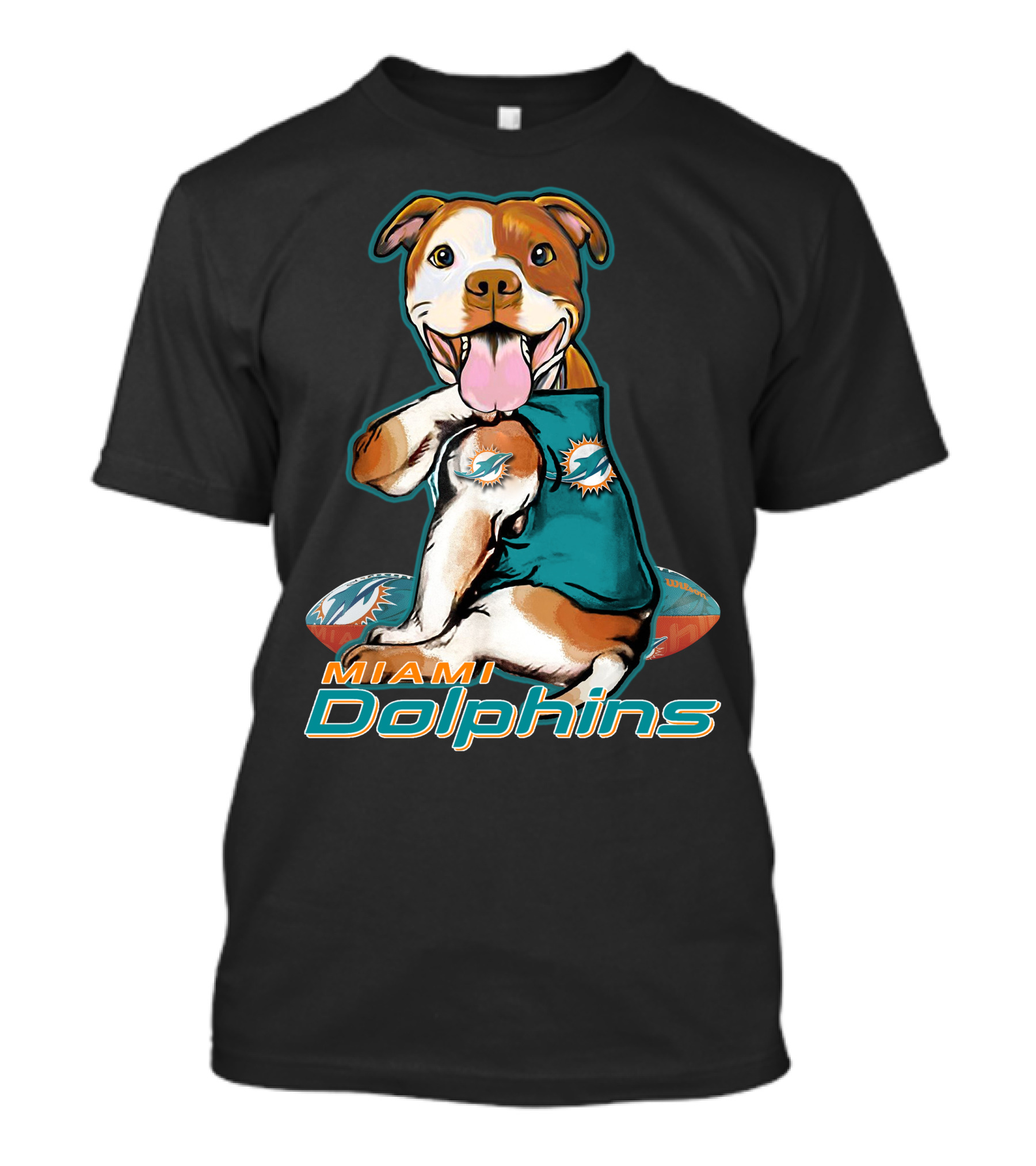 Pittbull Wearing Miami Dolphins Jersey With Logo And Football T-Shirt