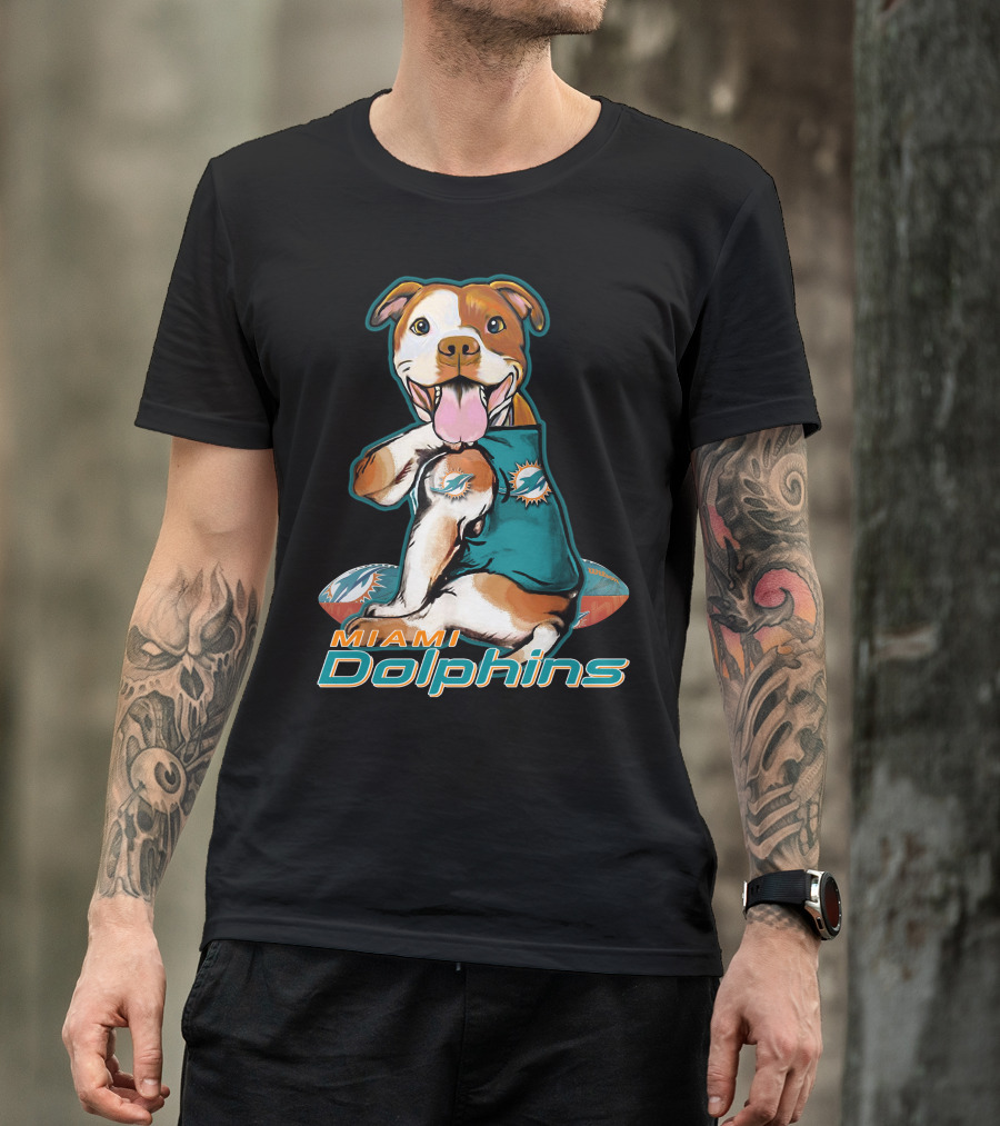 Pittbull Wearing Miami Dolphins Jersey With Logo And Football T-Shirt