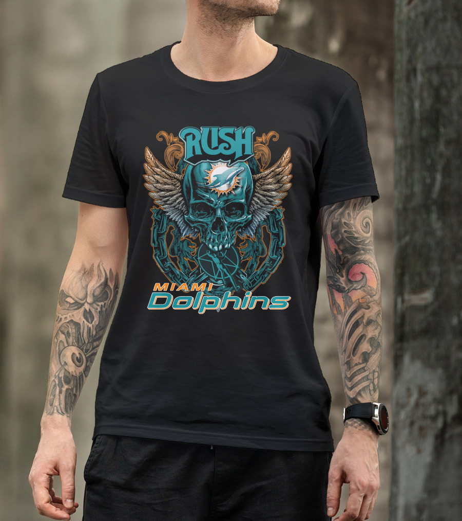 RUSH Miami Dolphins Skull Wings Chain T-Shirt
