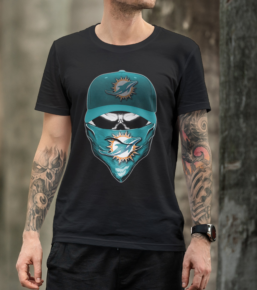 Skull Miami Dolphins Logo Hat And Bandana T-Shirt