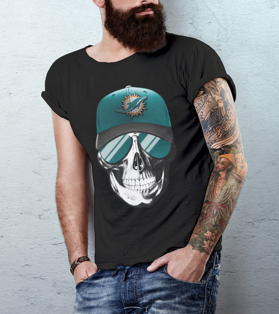 Skull With Miami Dolphins Hat And Sunglasses T-Shirt
