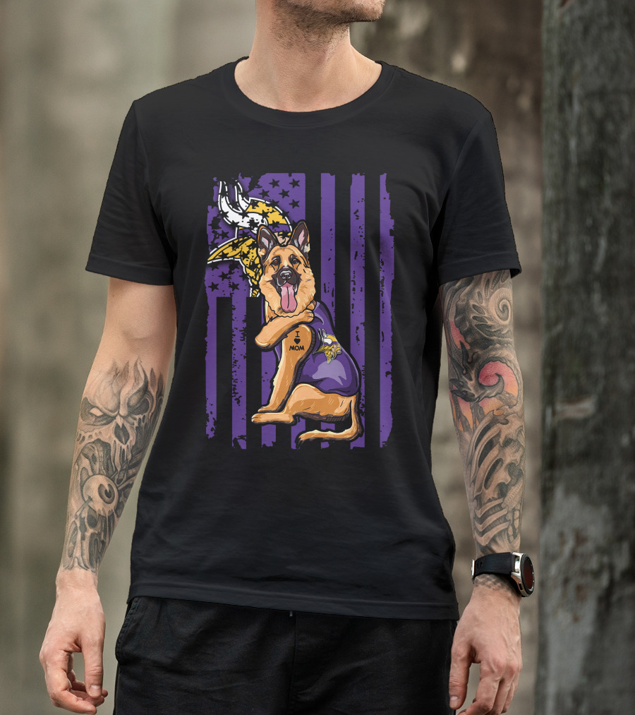 German Shepherd Minnesota Vikings Dog Wearing Jersey With Vikings Logo And I Love Mom Tattoo T-Shirt