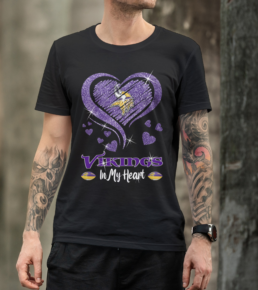 Vikings In My Heart Minnesota Vikings Logo Purple Sparkling Hearts T-Shirt