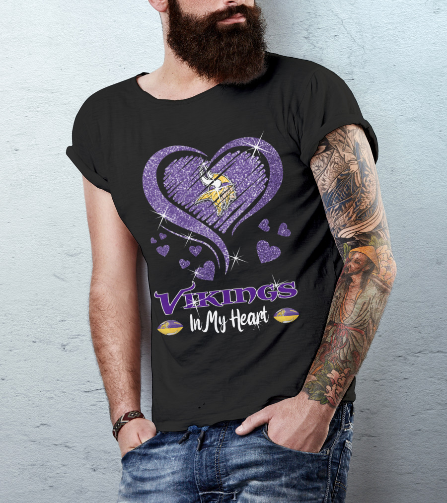 Vikings In My Heart Minnesota Vikings Logo Purple Sparkling Hearts T-Shirt