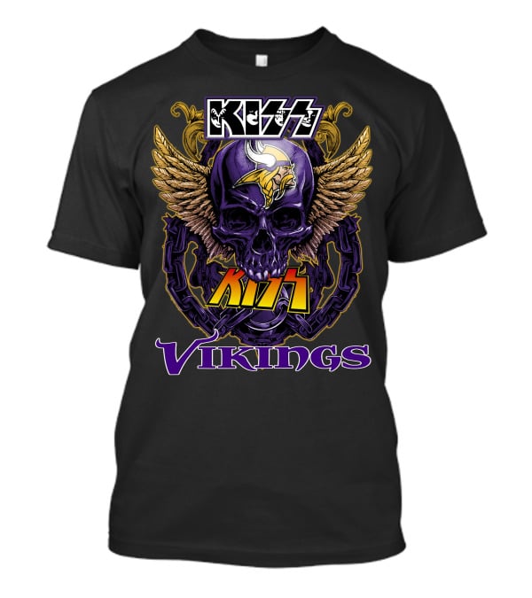 Kiss Vikings Skull With Minnesota Vikings Logo And Wings T-Shirt