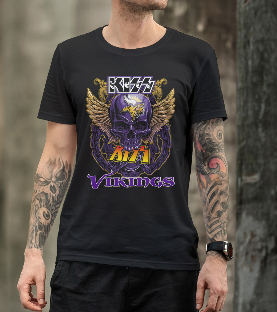 Kiss Vikings Skull With Minnesota Vikings Logo And Wings T-Shirt