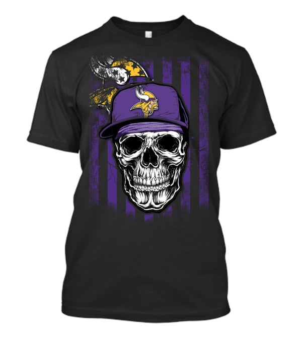 Skull With Minnesota Vikings Hat And Viking Logo On Purple And Black Stripes T-Shirt