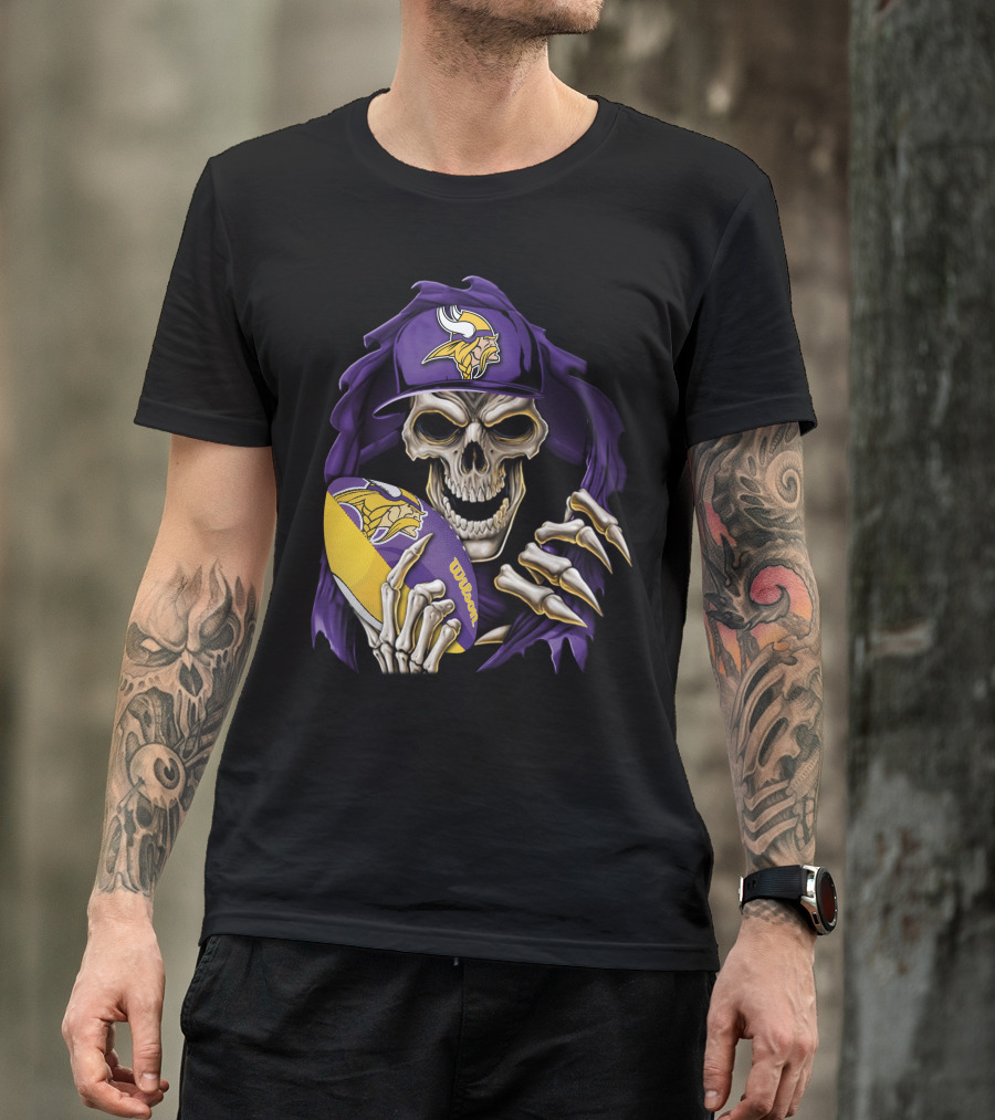 Minnesota Vikings Skull With Football And Cap T-Shirt