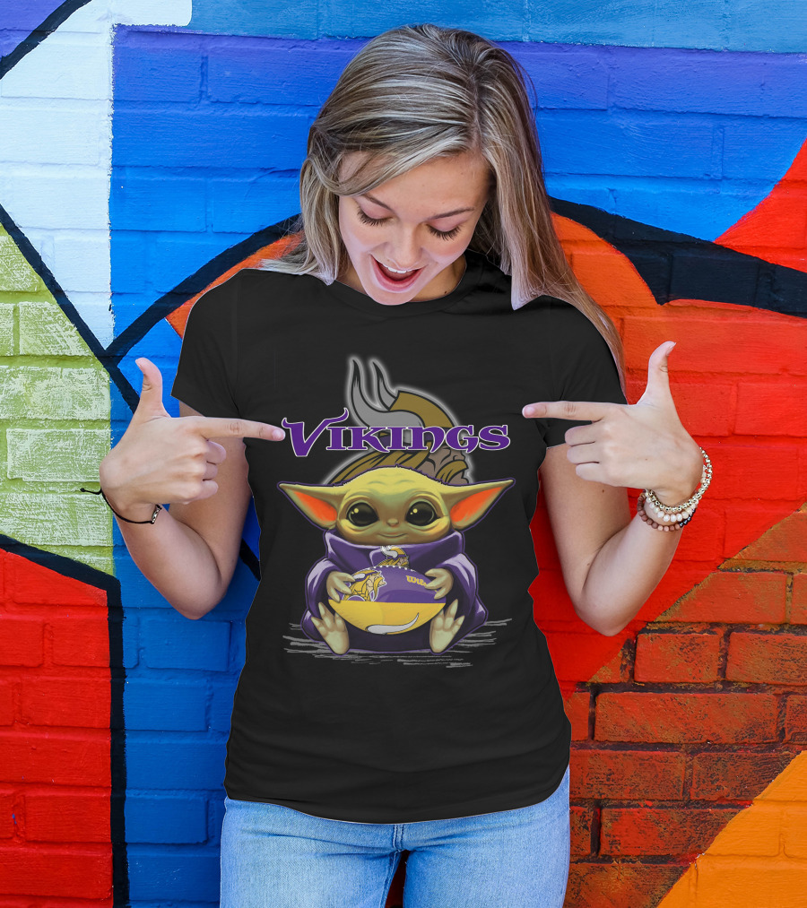 Yoda Holding Minnesota Vikings Football Baby Yoda Star Wars Crossover T-Shirt