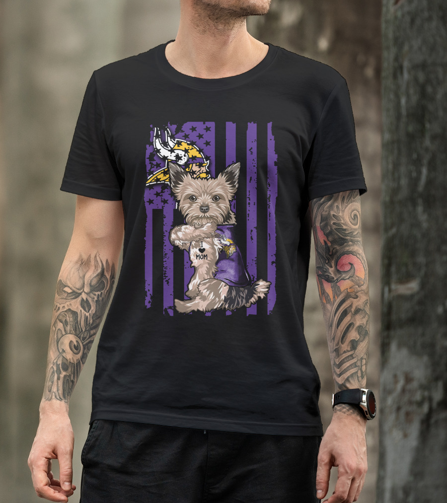 Yorkshire Terrier Wearing Minnesota Vikings I Love Mom Shirt With Viking Head And Purple Distressed Stripes Background T-Shirt