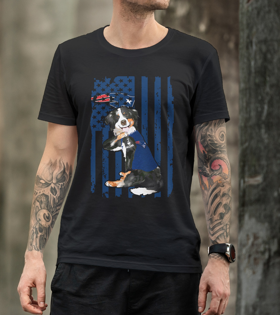 Border Collie I Love Mom New England Patriots USA Flag T-Shirt