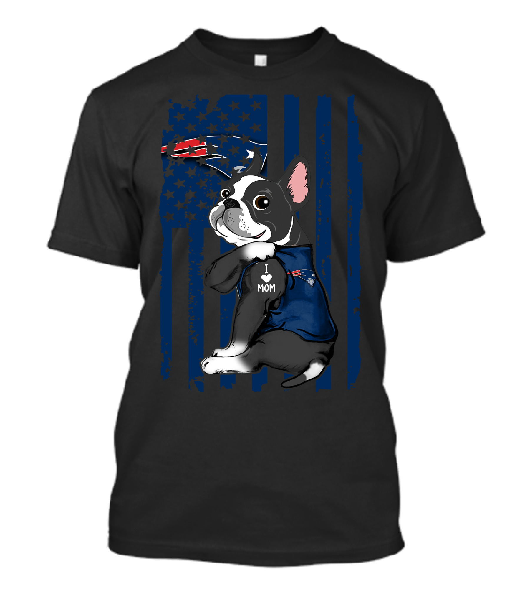 Boston Terrier I Love Mom New England Patriots Football Fan T-Shirt