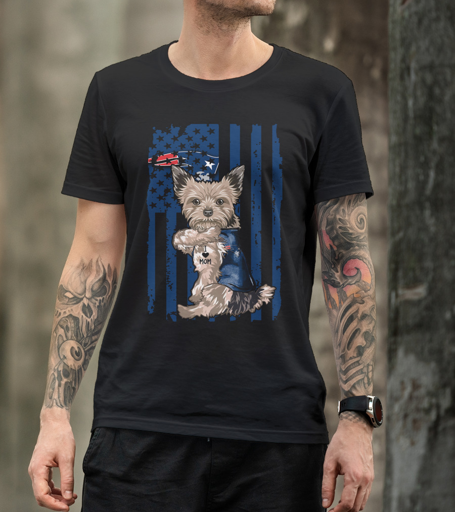 Yorkshire Terrier With I Love Mom Vest And New England Patriots Themed Background T-Shirt