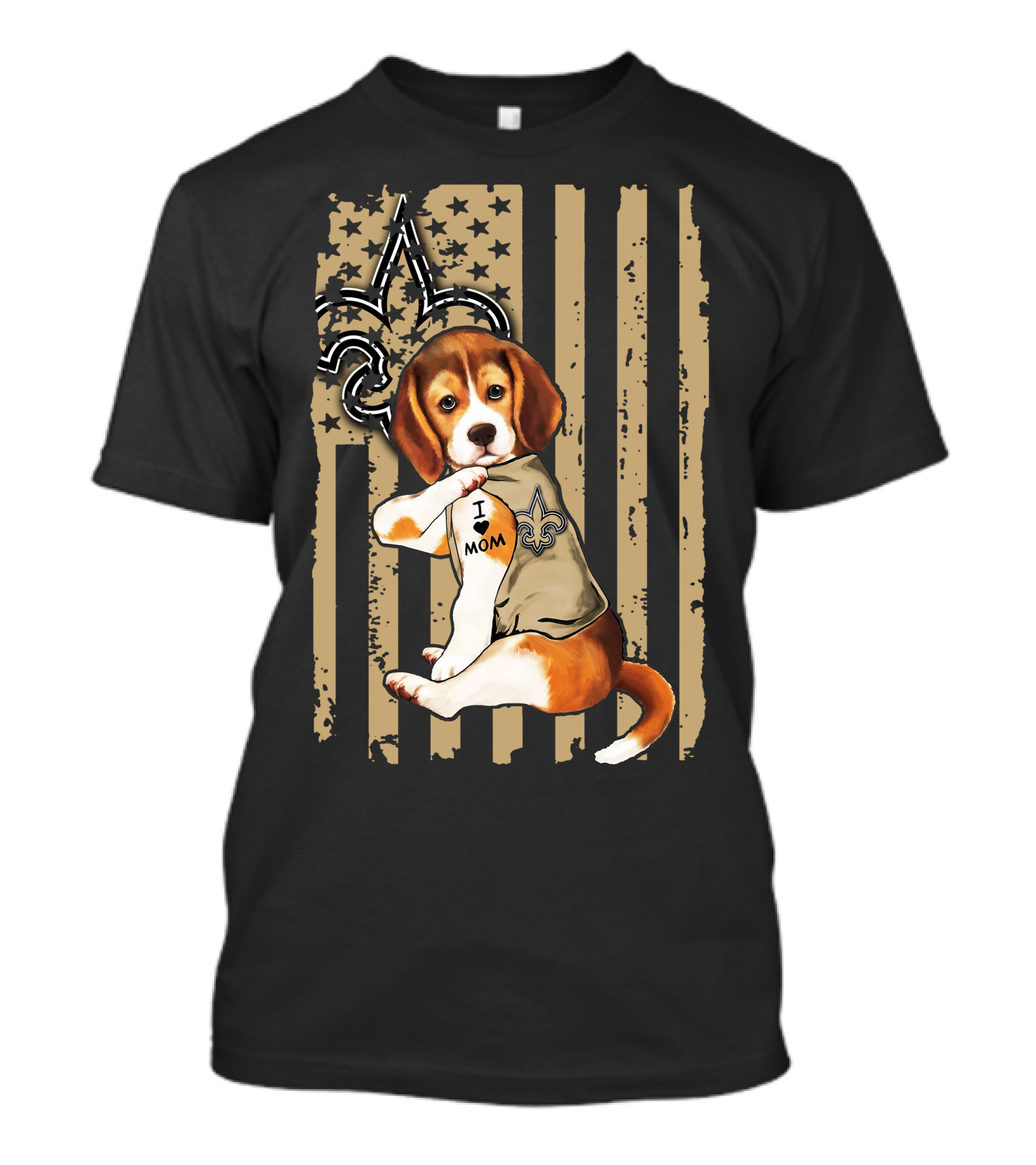 Beagle I Love Mom New Orleans Saints Fleur-de-Lis American Flag T-Shirt