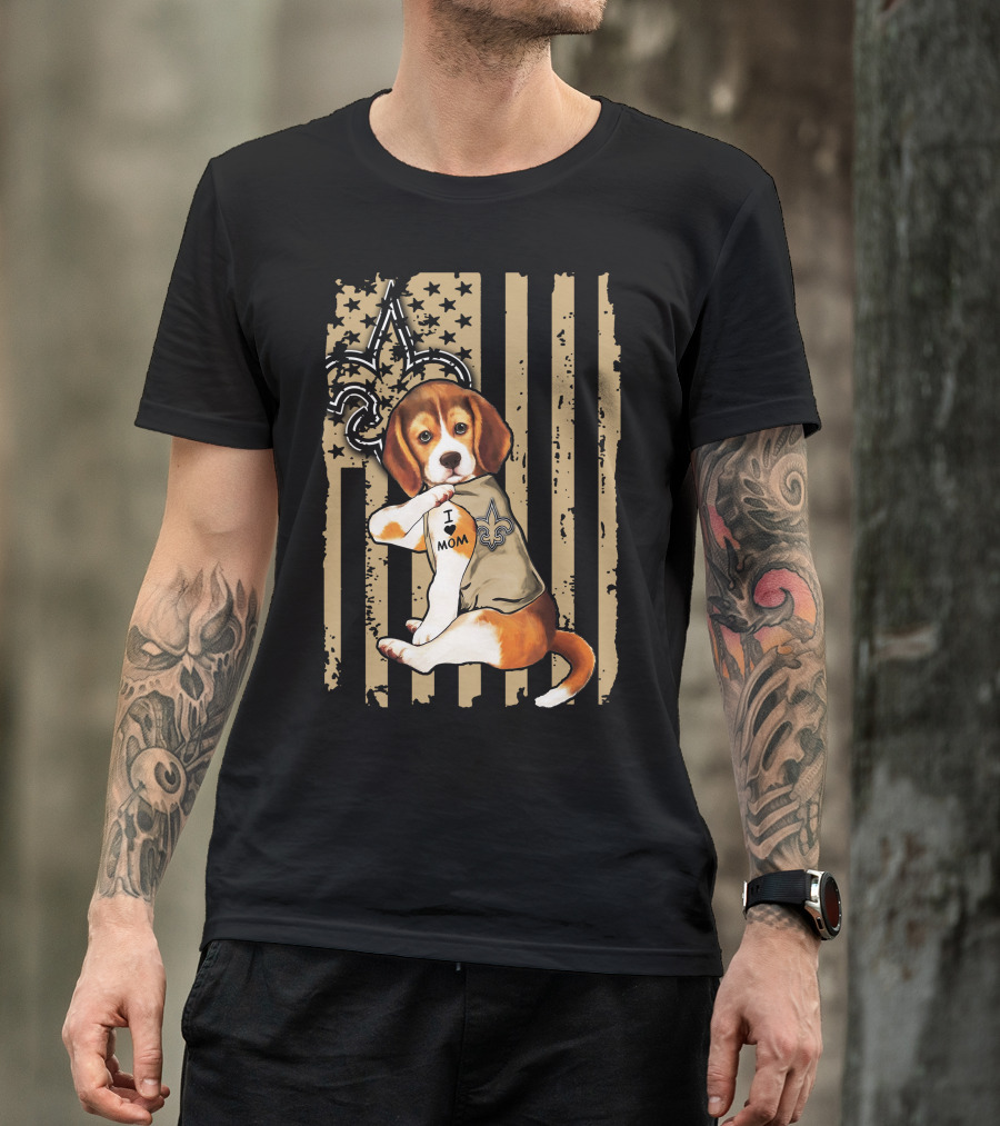 Beagle I Love Mom New Orleans Saints Fleur-de-Lis American Flag T-Shirt