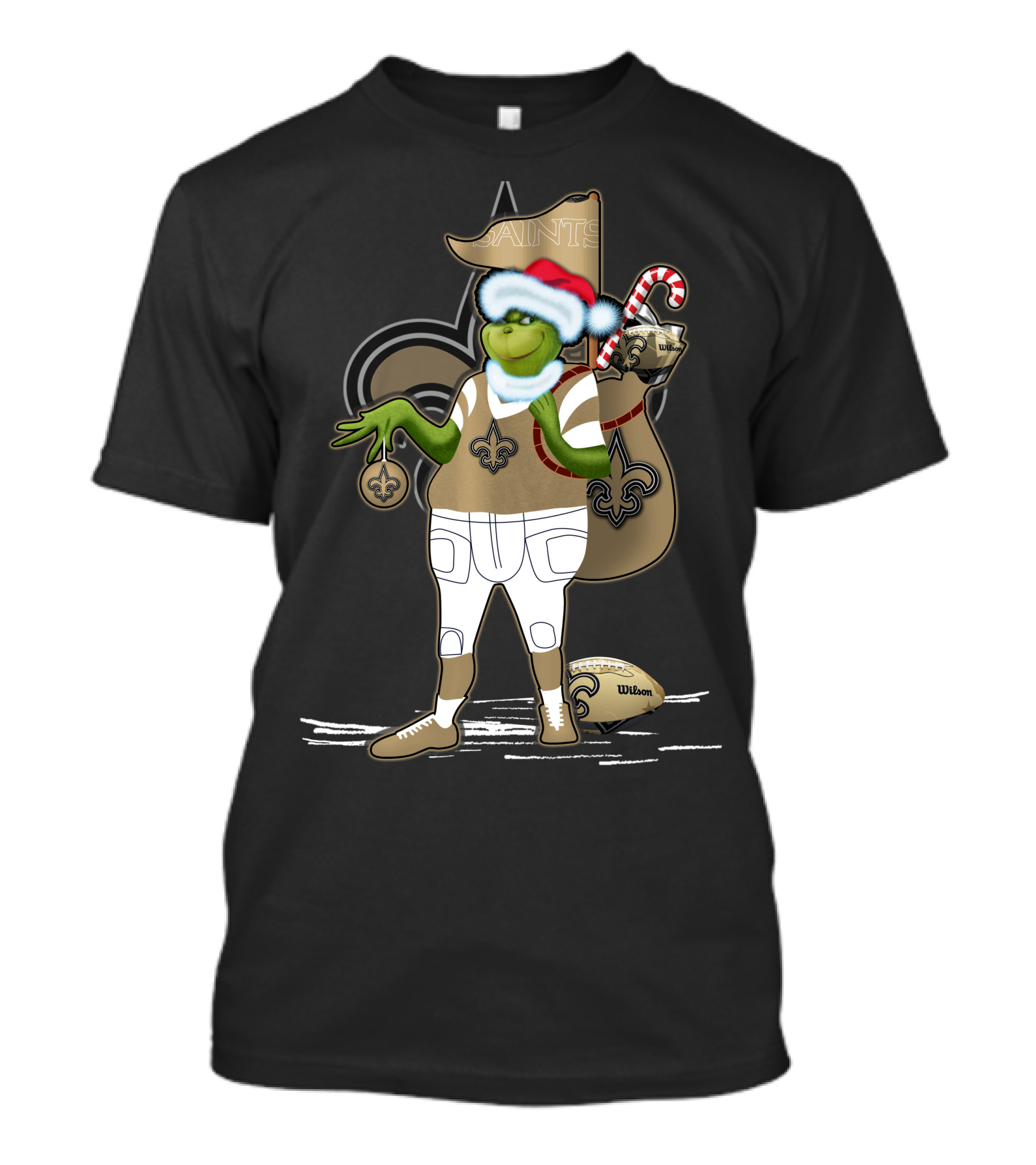 Grinchxmas Santa Hat New Orleans Saints Football Fleur-De-Lis Candy Cane Sack T-Shirt