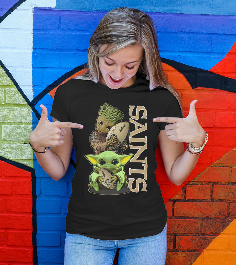 Grzd New Orleans Saints Groot And Baby Yoda Football T-Shirt