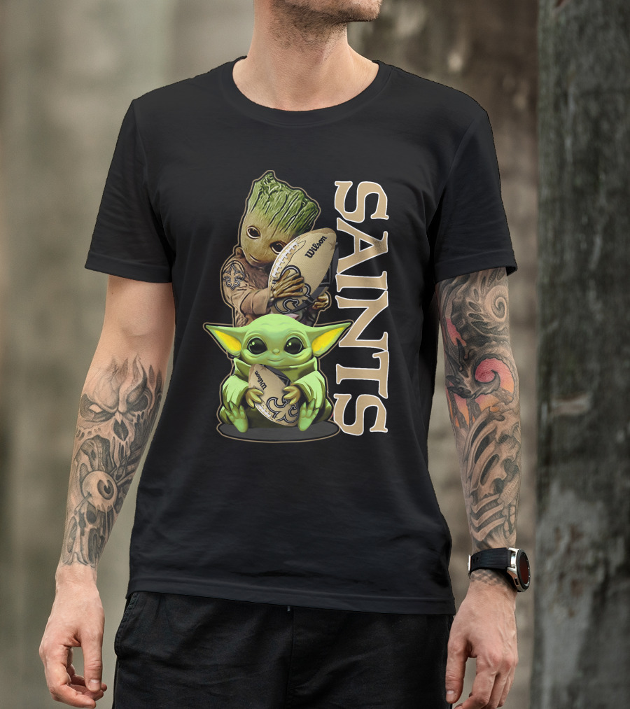 Grzd New Orleans Saints Groot And Baby Yoda Football T-Shirt