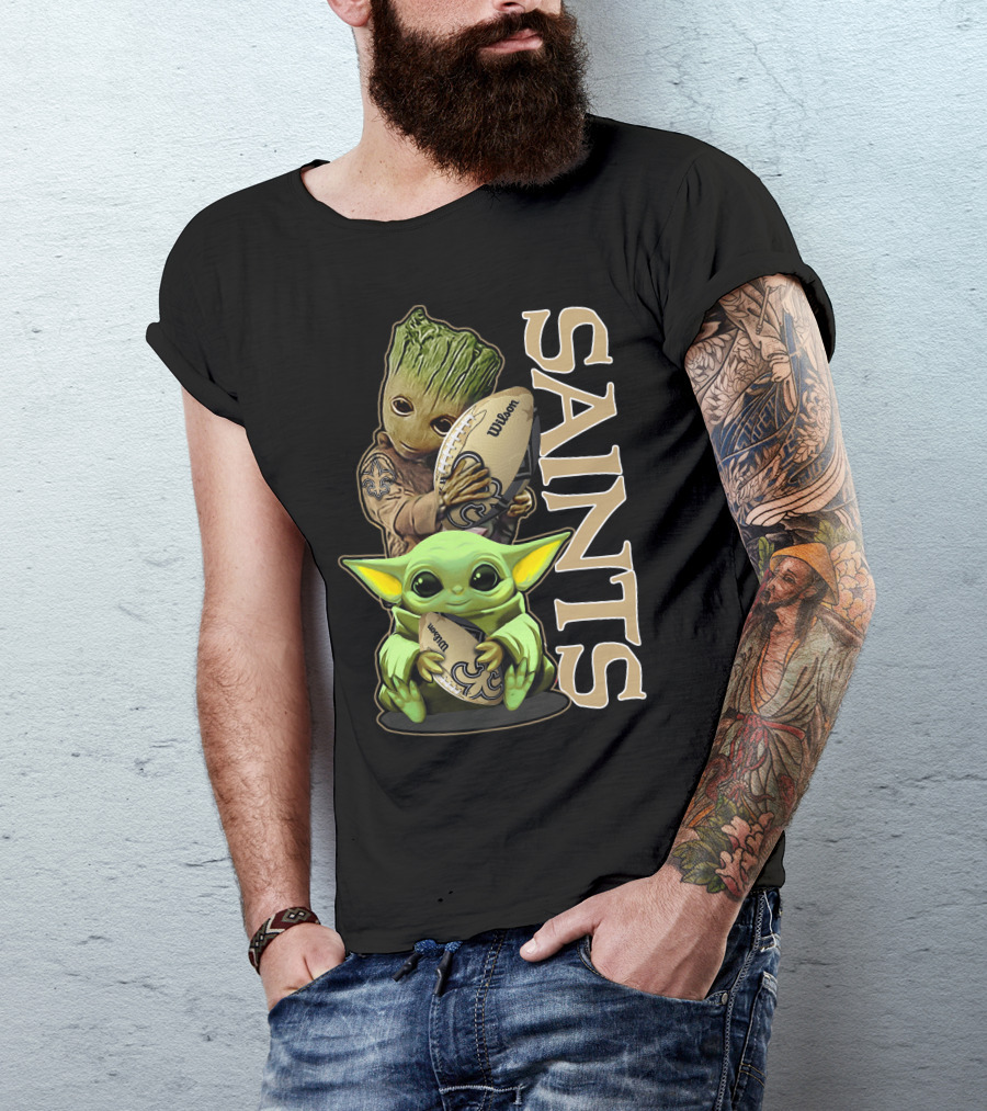 Grzd New Orleans Saints Groot And Baby Yoda Football T-Shirt