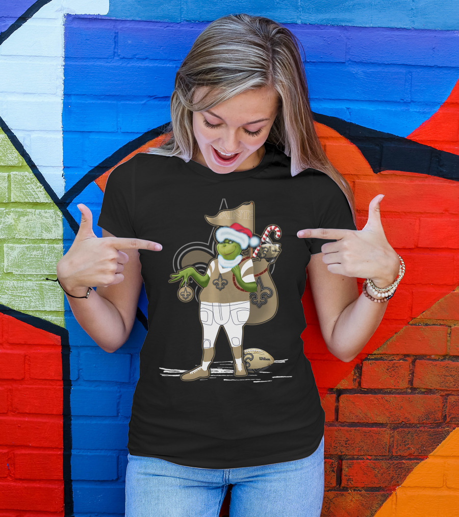 Grinchxmas New Orleans Saints Football Holiday Fun With Santa Hat And Fleur-de-Lis T-Shirt