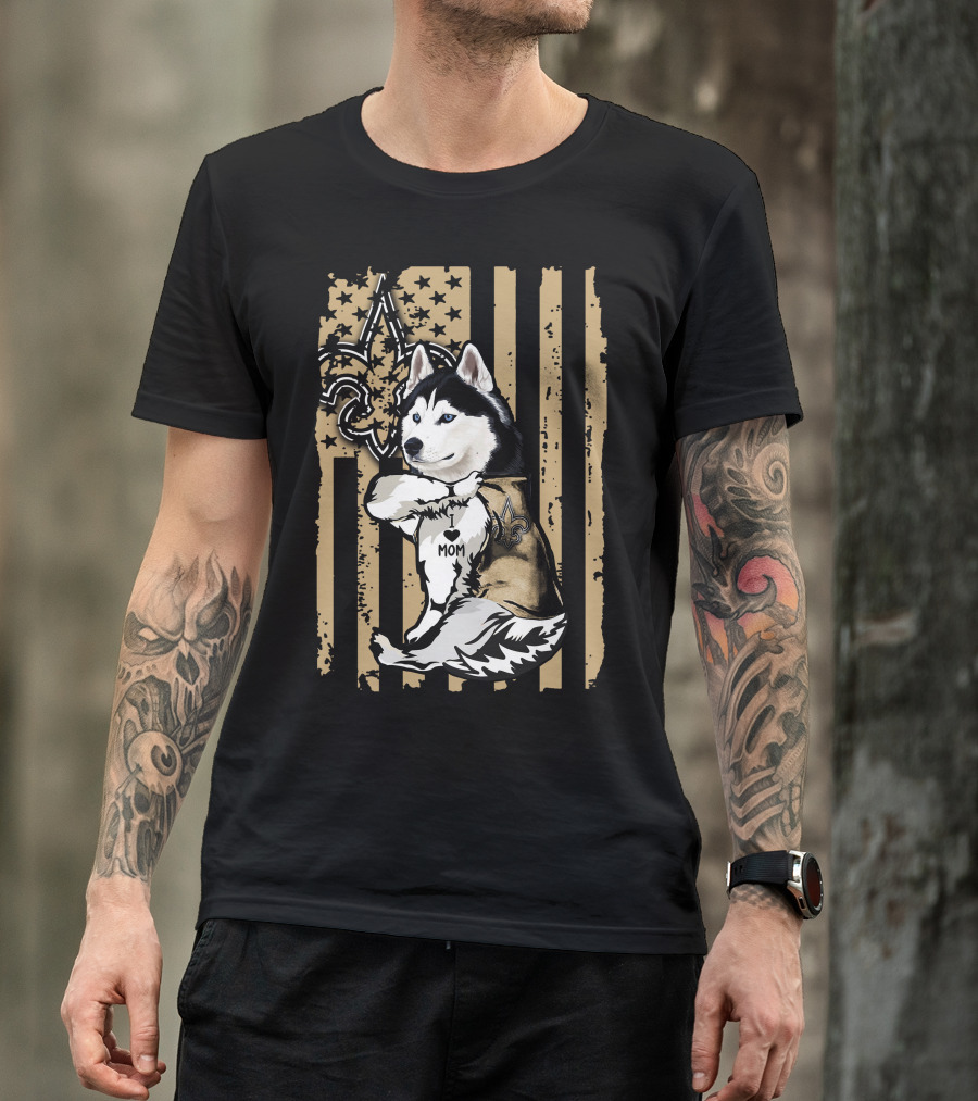 Siberian Husky Mom New Orleans Saints Fleur-de-Lis American Flag T-Shirt