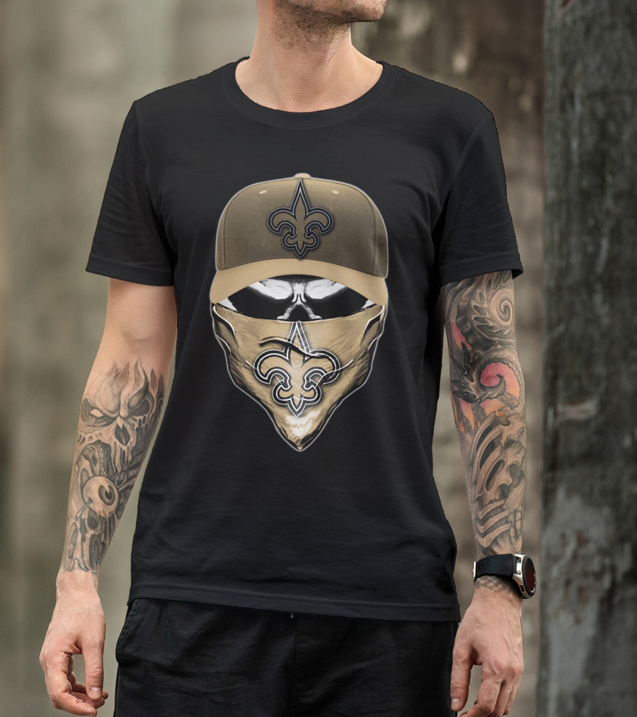 Skull V6 New Orleans Saints Fleur-de-Lis Mask And Cap T-Shirt