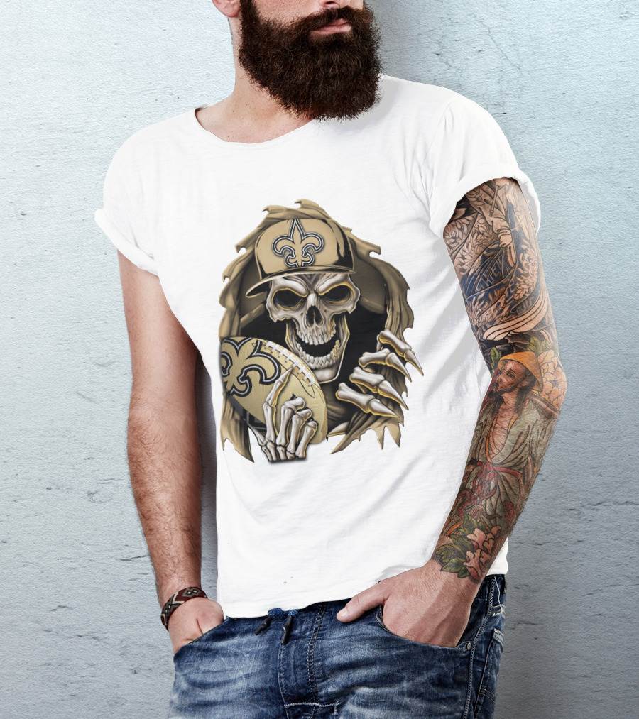 Skullbong New Orleans Saints Skeleton Holding Football With Fleur-de-Lis Cap T-Shirt