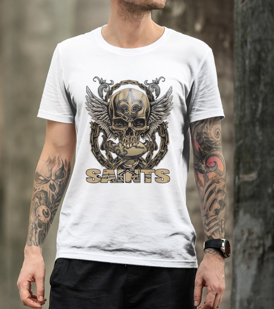 Saints Skullfb Winged Skull With Fleur-de-lis And Chains T-Shirt