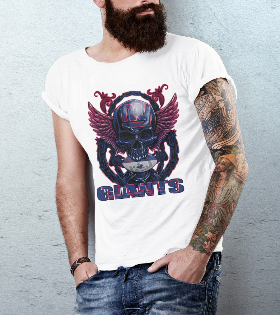 Skullfb New York Giants Winged Skull Design With Football Helmet And Chains T-Shirt