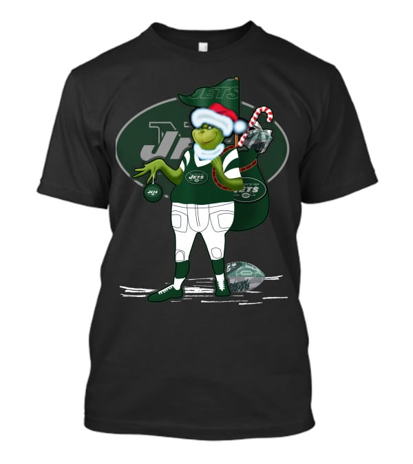 Grinch Christmas New York Jets Football Santa Hat And Sack With Candy Cane T-Shirt