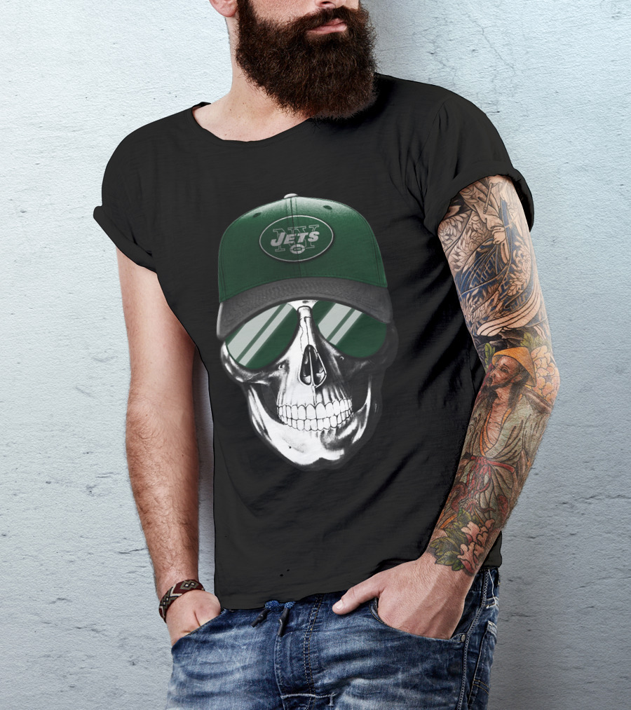 Skull V7 New York Jets Hat And Sunglasses T-Shirt
