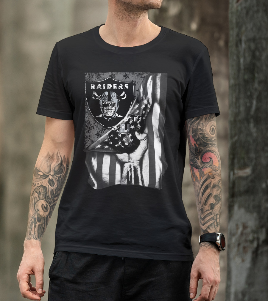 Raiders Shield With American Flag And Hand Holding Stars Grayscale T-Shirt