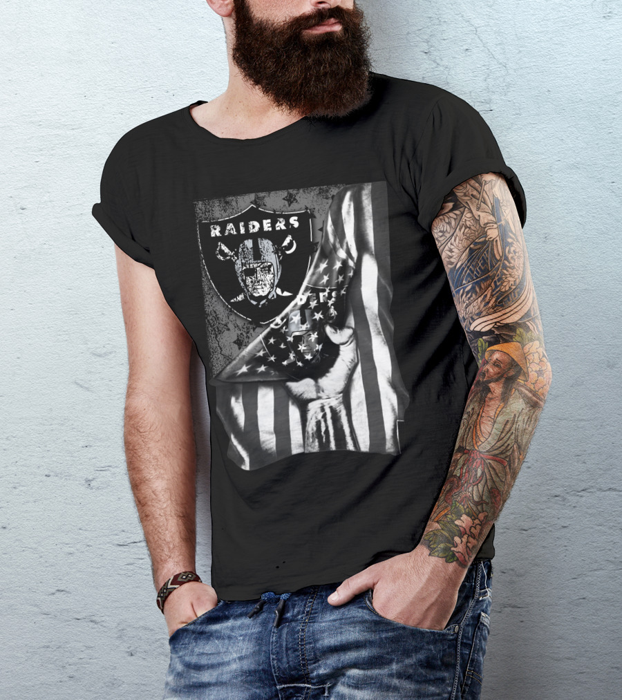 Raiders Shield With American Flag And Hand Holding Stars Grayscale T-Shirt