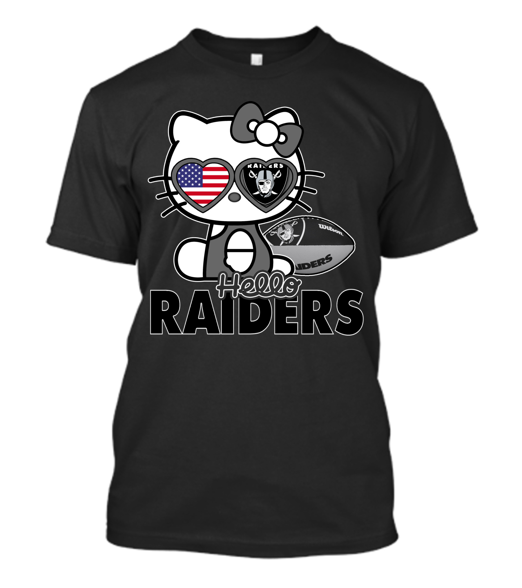 Hello Kitty Raiders American Flag Heart Glasses And Football T-Shirt