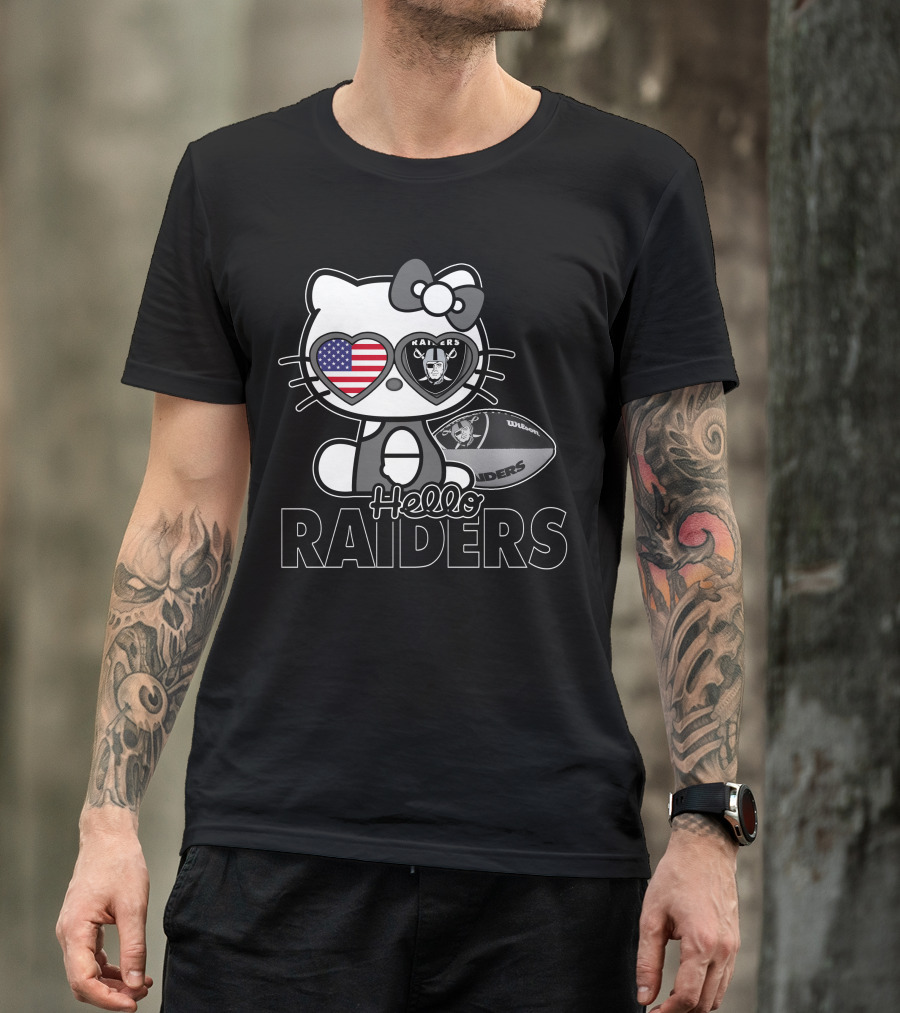Hello Kitty Raiders American Flag Heart Glasses And Football T-Shirt