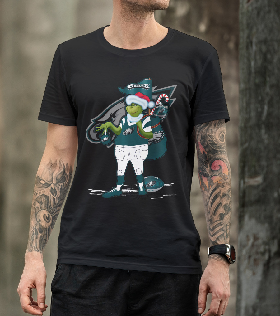 Grinchxmas Philadelphia Eagles Santa Hat Football T-Shirt