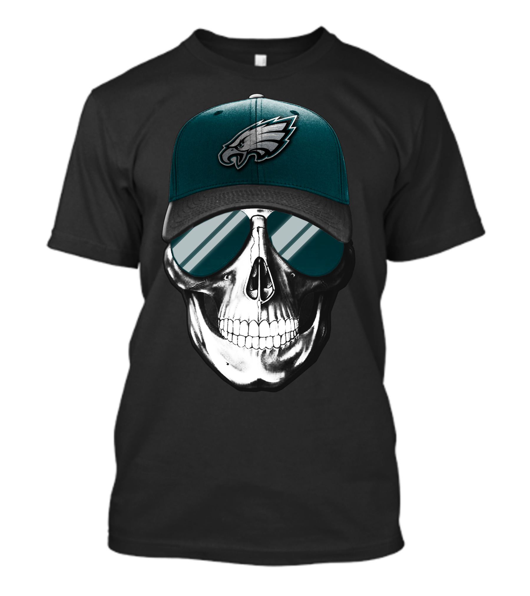 Skull Wearing Philadelphia Eagles Logo Hat And Sunglasses T-Shirt