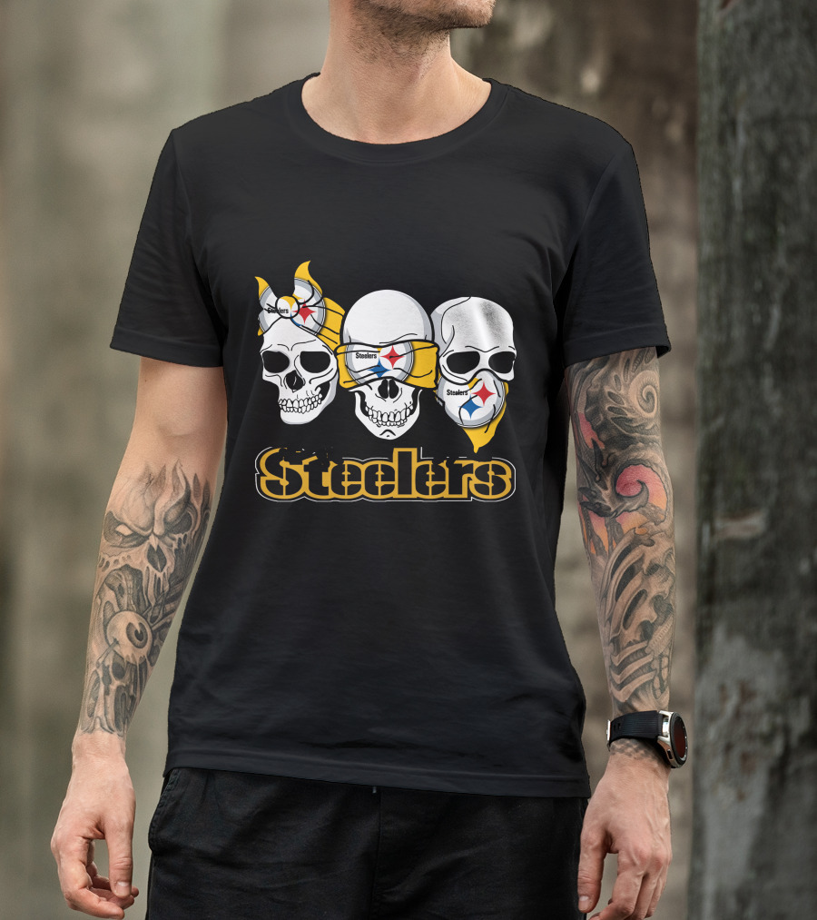 Steelers Skull Trio With Team Logo Bandanas T-Shirt