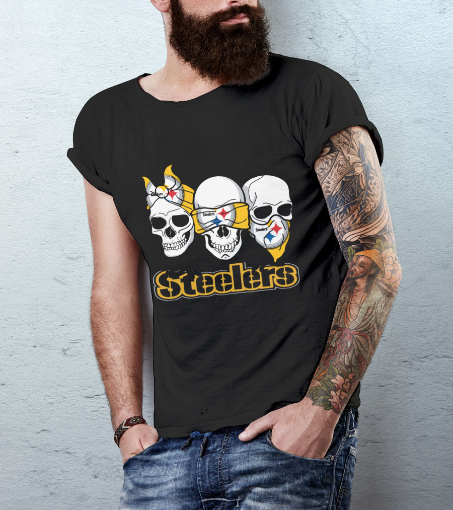 Steelers Skull Trio With Team Logo Bandanas T-Shirt