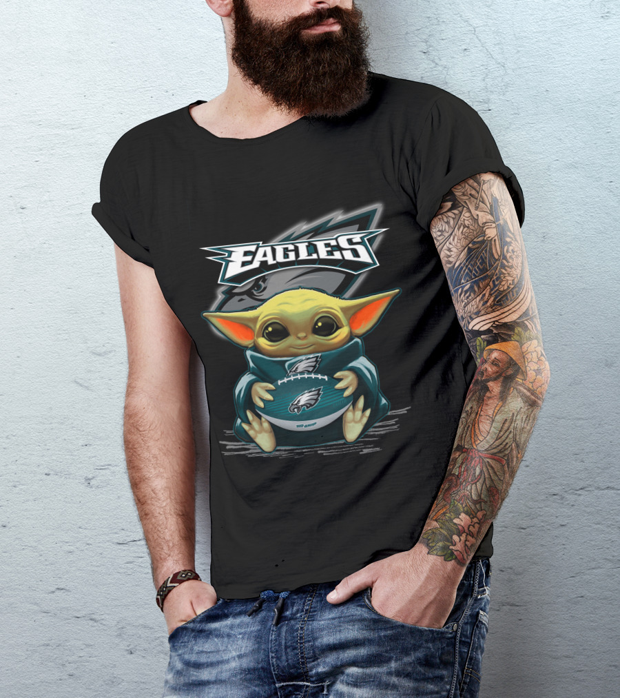Eagles Baby Yoda Holding Philadelphia Football T-Shirt