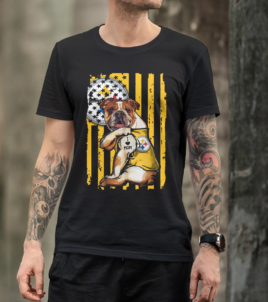 Pittsburgh Steelers Bulldog I Love Mom Stripes T-Shirt