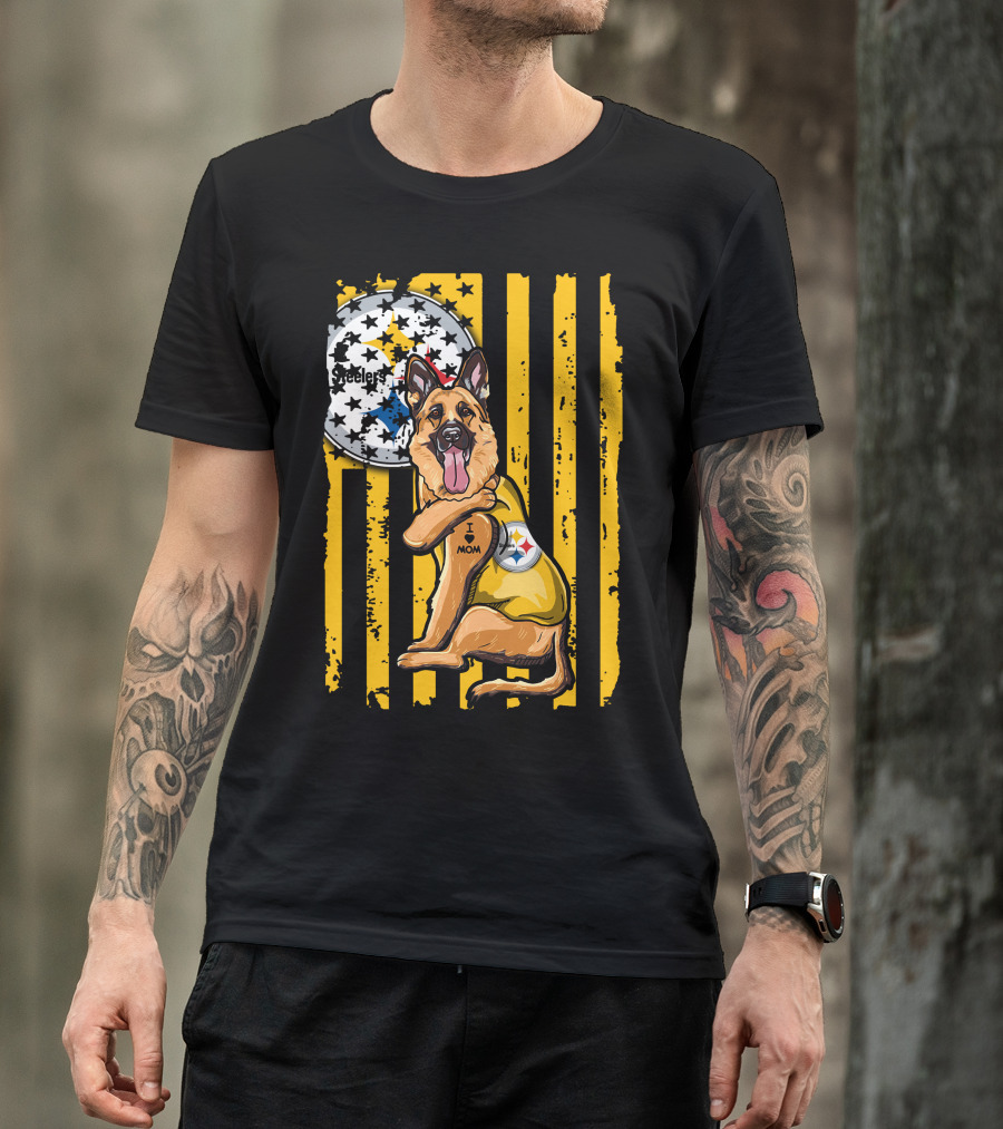 German Shepherd Steelers Fan With I Love Mom Tattoo And Team T-Shirt