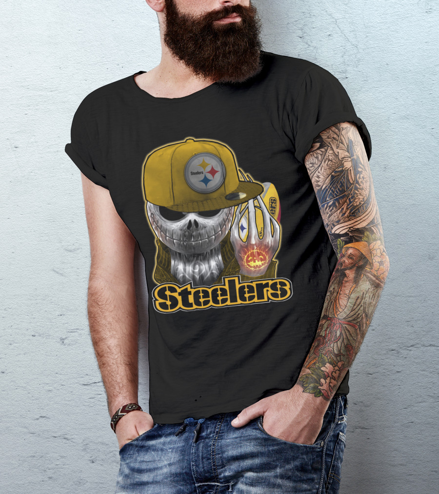 Steelers Skull With Yellow Cap And Pumpkin Hand T-Shirt