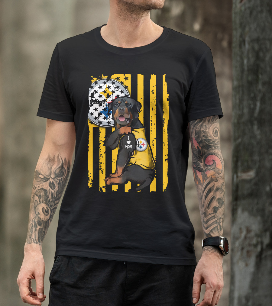 Rottweiler I Love Mom Pittsburgh Steelers Fan Stripes T-Shirt
