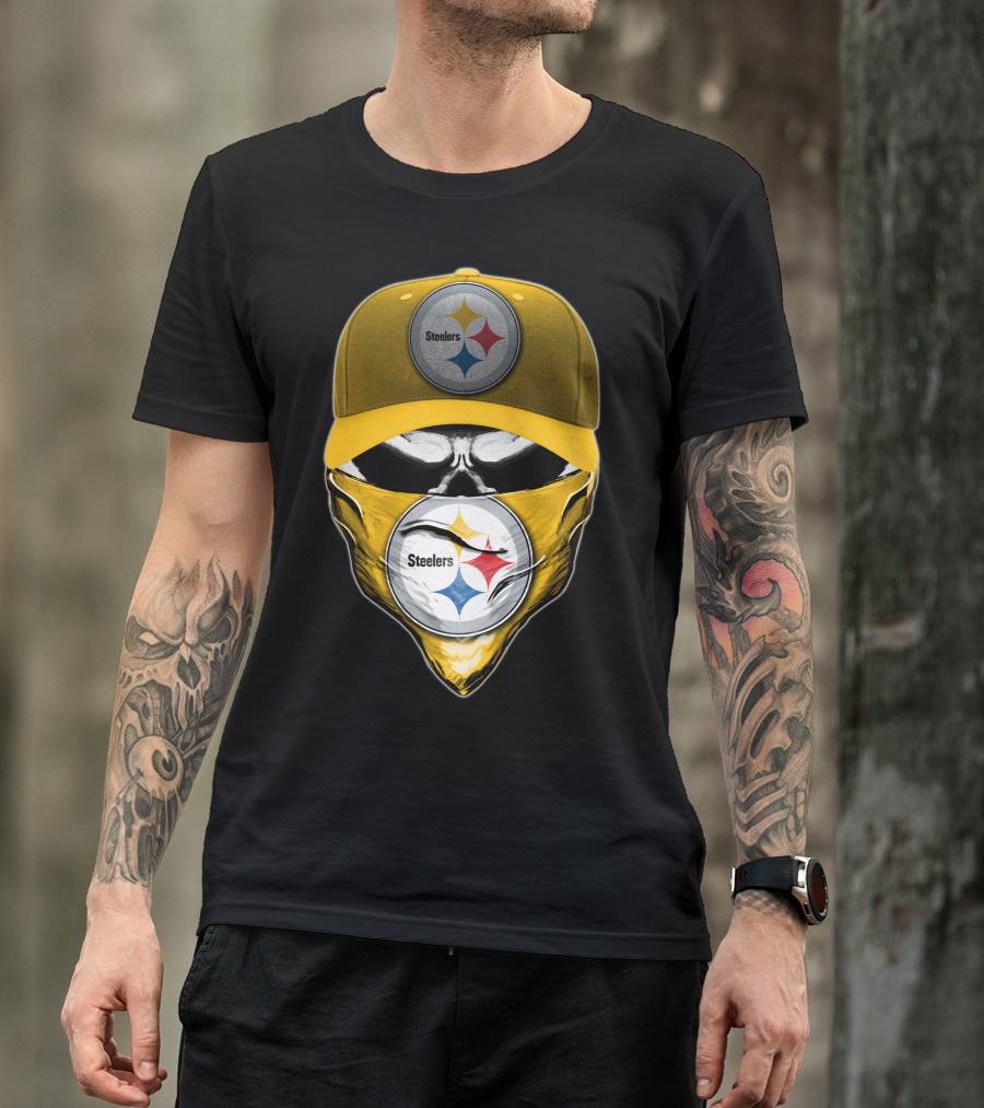 Skull V6 Pittsburgh Steelers Logo With Hat And Bandana T-Shirt