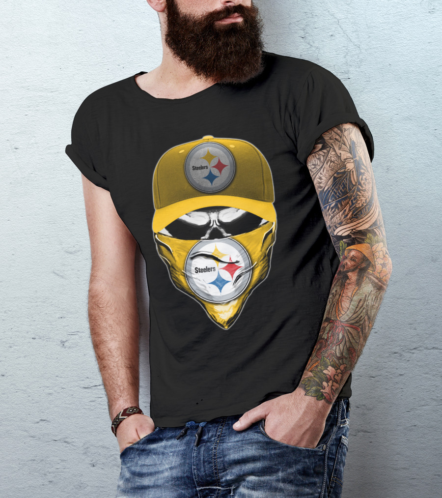 Skull V6 Pittsburgh Steelers Logo With Hat And Bandana T-Shirt